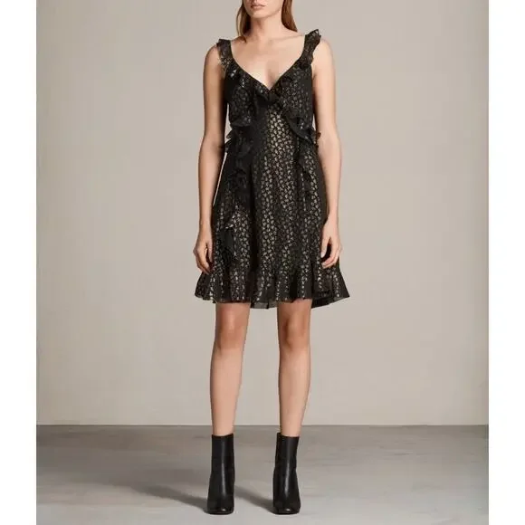 All Saints Derrell Black & Gold Ruffle Dress - Picture 1 of 15
